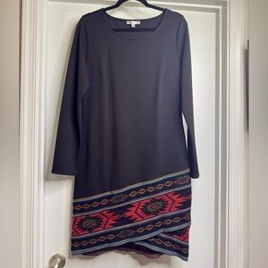 Knit Black Scoop Neck Southwestern Knee Length Shift Dress Tribal Print Hem